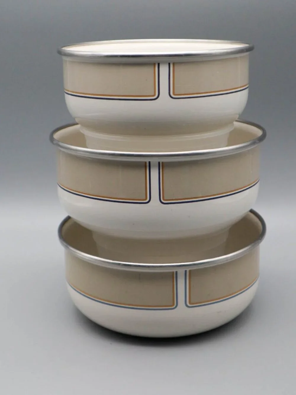 3 Vintage Kobe Kitchen Enamelware Bowls Mod Geometric Design Art Deco MCM